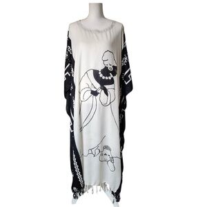 BEAUTIFUL BLACK & WHITE KAFTAN MAXI DRESS WITH FRINGE SIZE OSP